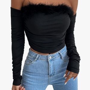 feather trim black crop top